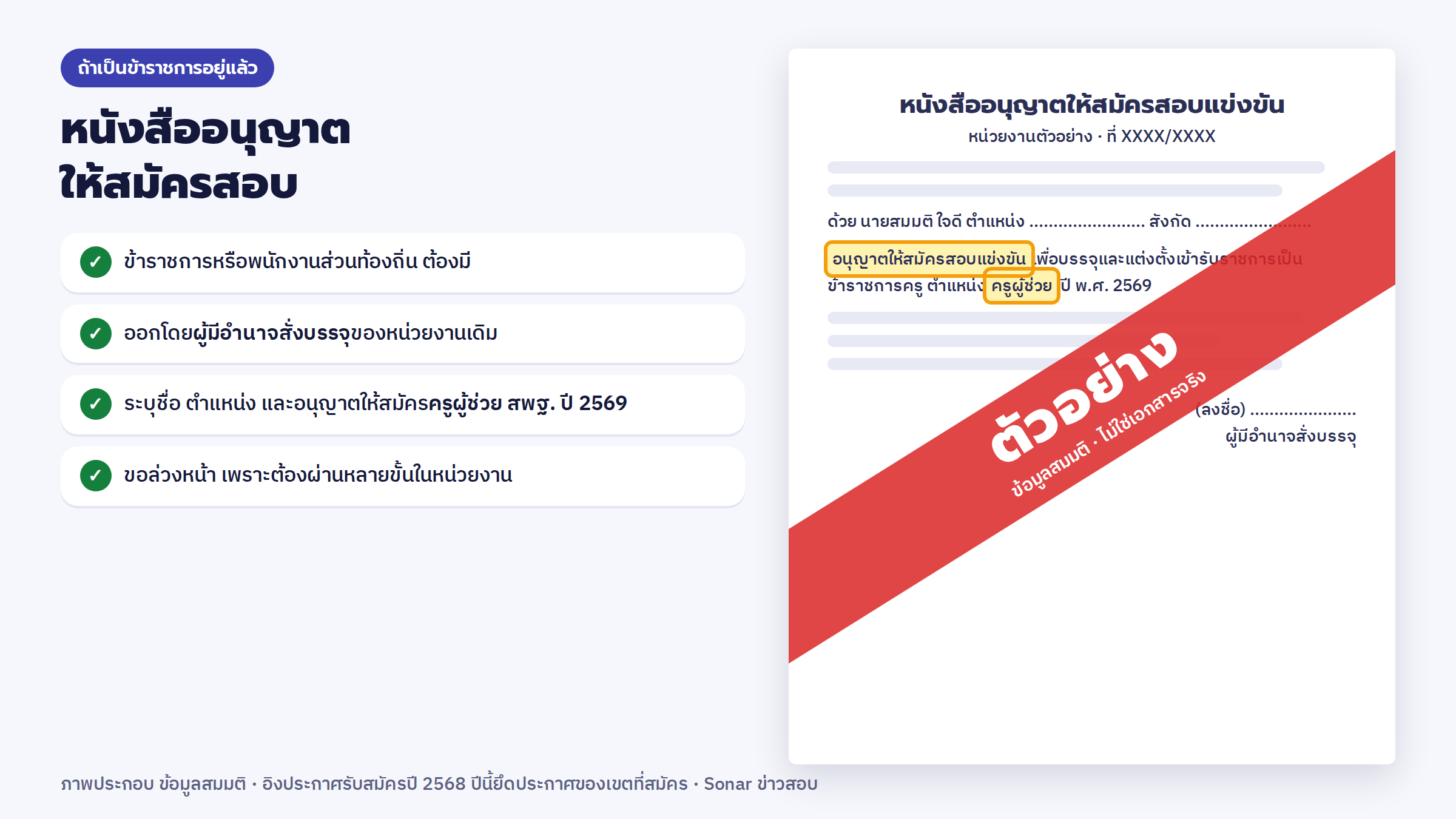 ถ้าเป็นข้าราชการอยู่แล้ว ต้องมีหนังสืออนุญาตให้สมัครสอบ (ภาพตัวอย่าง ข้อมูลสมมติ)